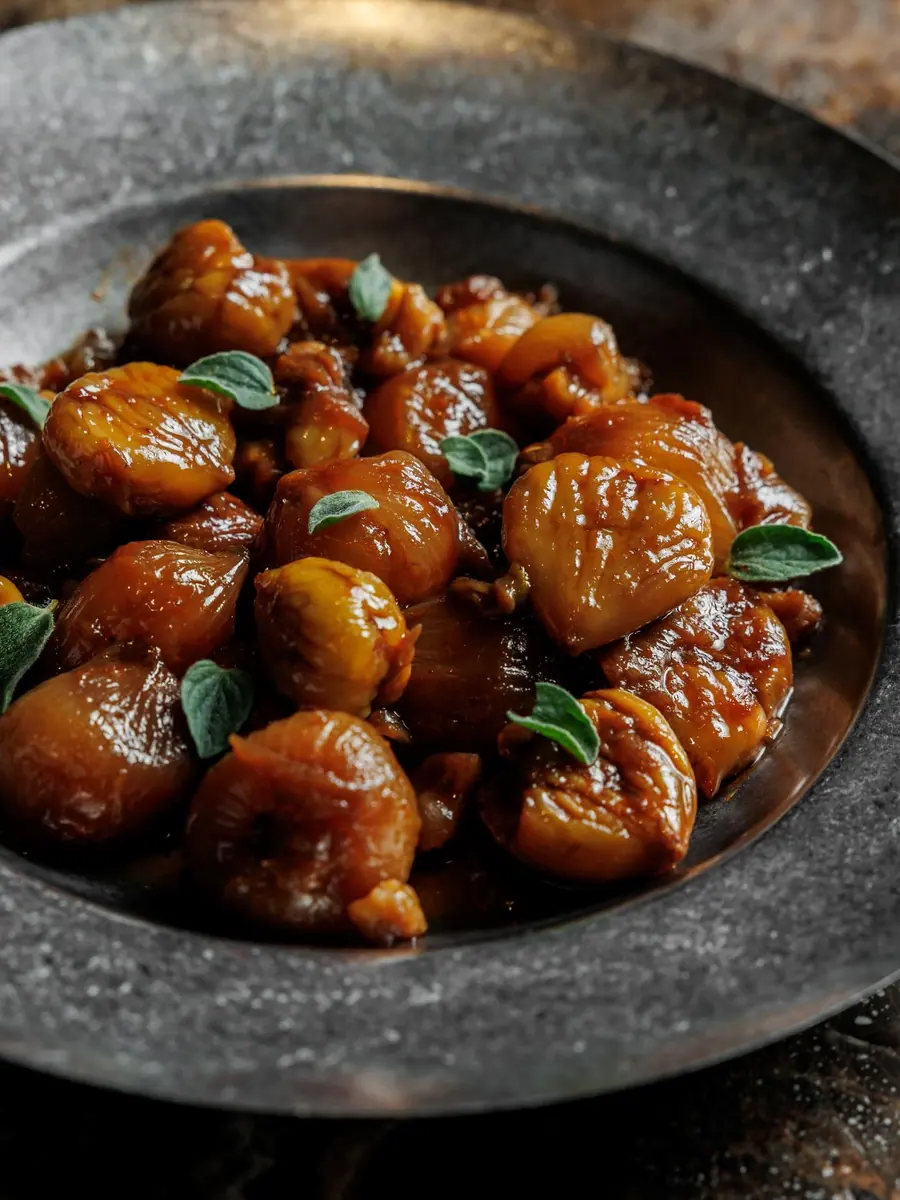 Chestnut and onion stifado in a black pan